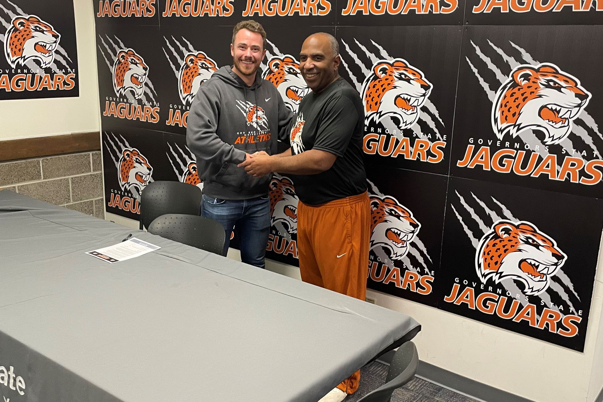 GSU Athletic Director Tony Bates (R) welcomes Jaguar Men's and Women's Head Cross Country Coach John Niendorf to take over the new Indoor and Outdoor track programs beginning in the 2023-2024 school year.