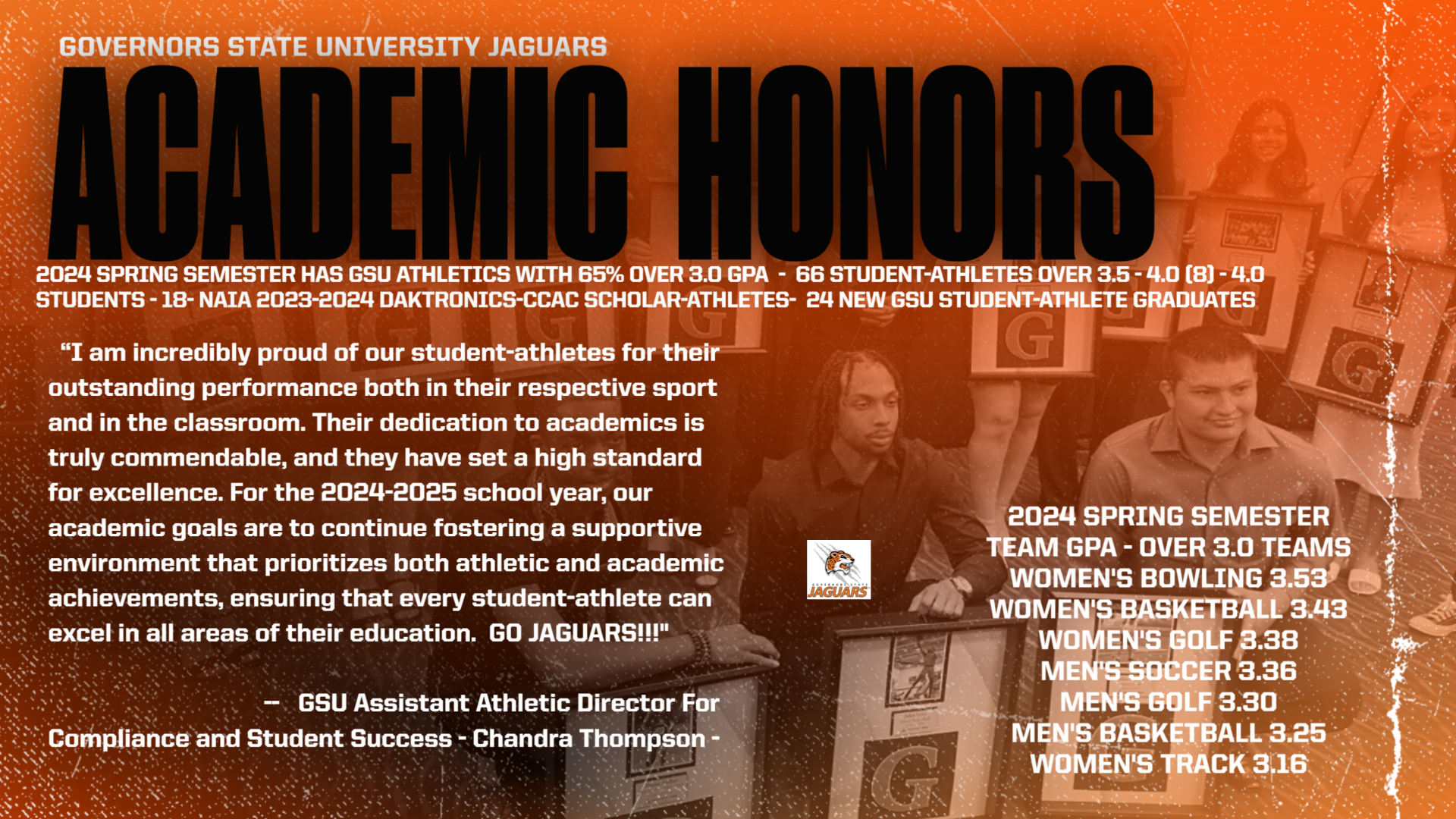 2024 SPRING SEMESTER JAGUAR ACADEMIC HONORS -65% GSU Student-Athletes Above 3.0 GPA