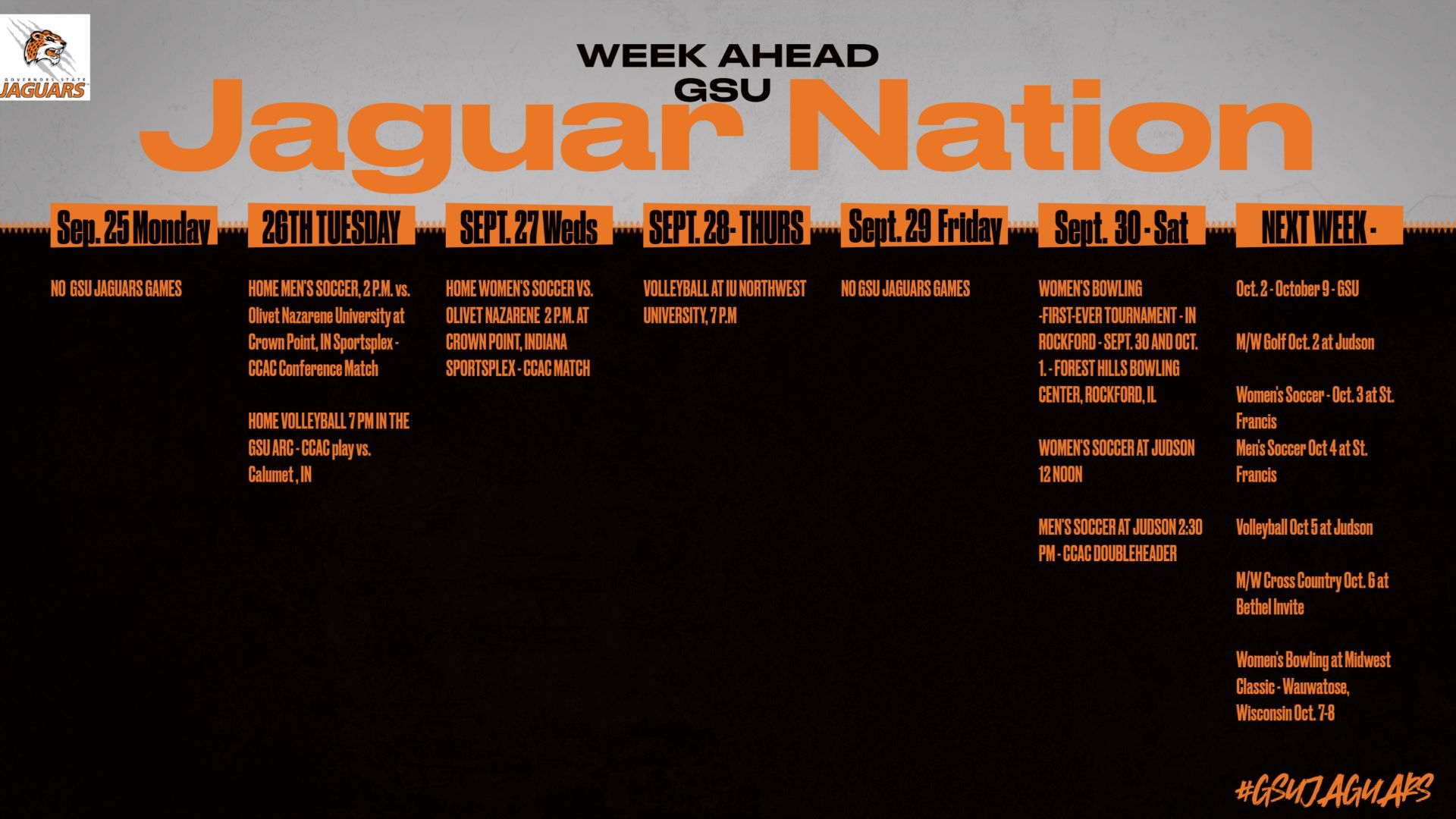 HOME MEN'S SOCCER 2 P.M. - VOLLEYBALL 7 P.M. DOUBLEADER FOR JAGUARS - WOMEN'S BOWLING PROGRAM UNDERWAY SATURDAY IN ROCKFORD TOURNAMENT