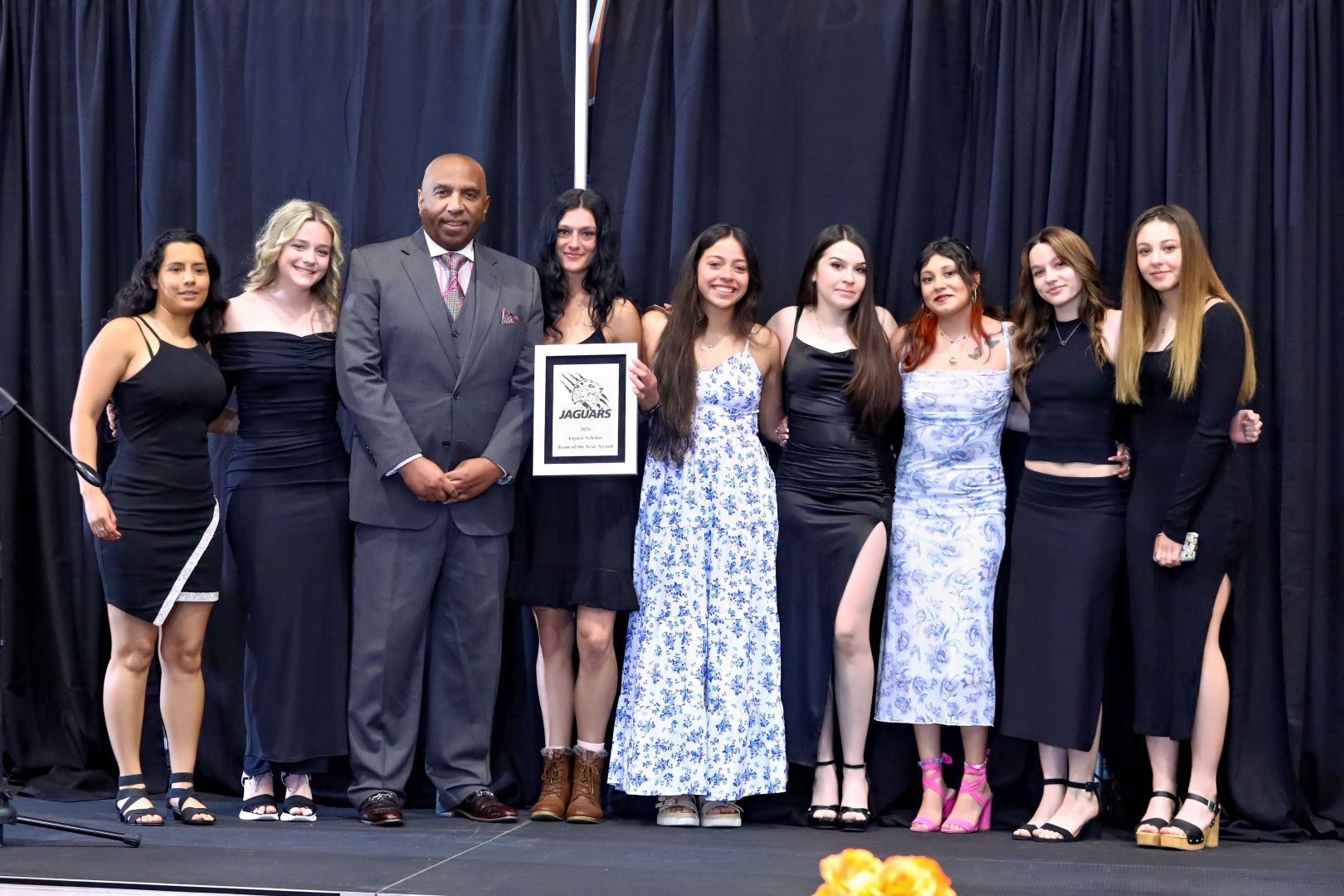 GovState Athletic Director Tony Bates pictured with the 2025 Women's Soccer Team - the 2025-2026 Jaguars Athletic Banquet - Academic Team of the Year - for the best team GPA of all 15 athletic teams!