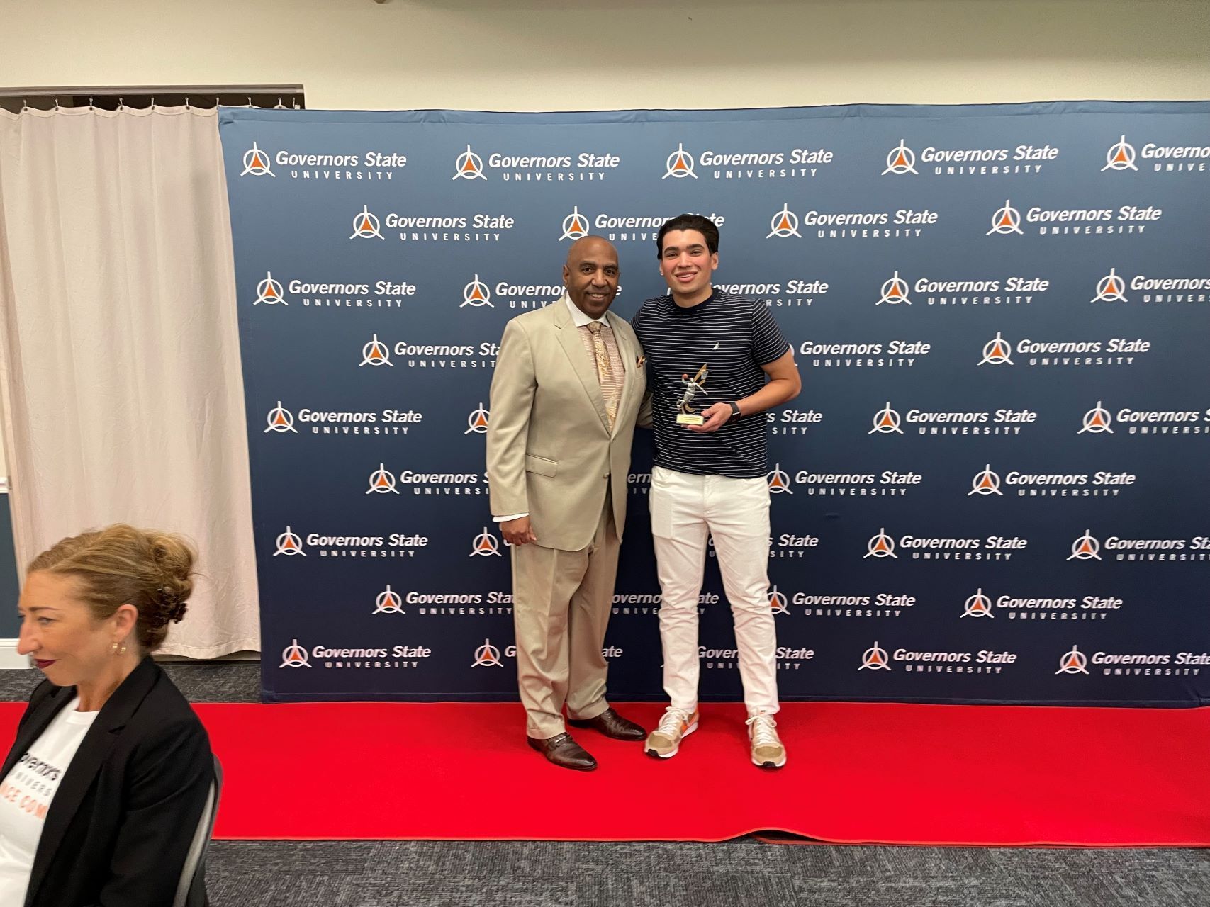 GSU Athletic Director and Head Men's Basketball Coach Tony Bates (L) and Adam Taylor at Awards Ceremony in Honors Hall.