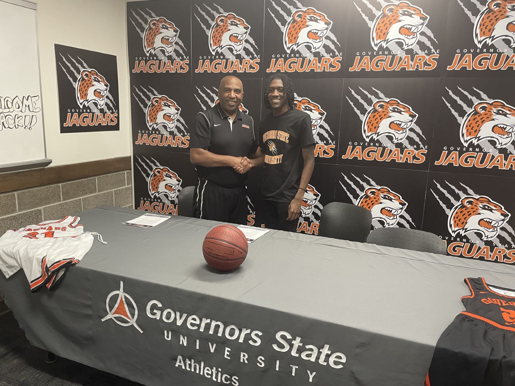 (L-R) GSU Head Basketball Coach Tony Bates with new Jaguar signee Dekari Graham.