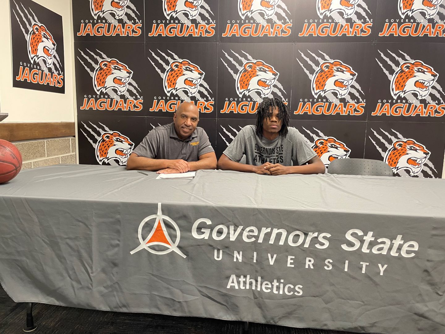 GSU Head Basketball Coach Tony Bates with new Jaguar signee Kevin Vance.