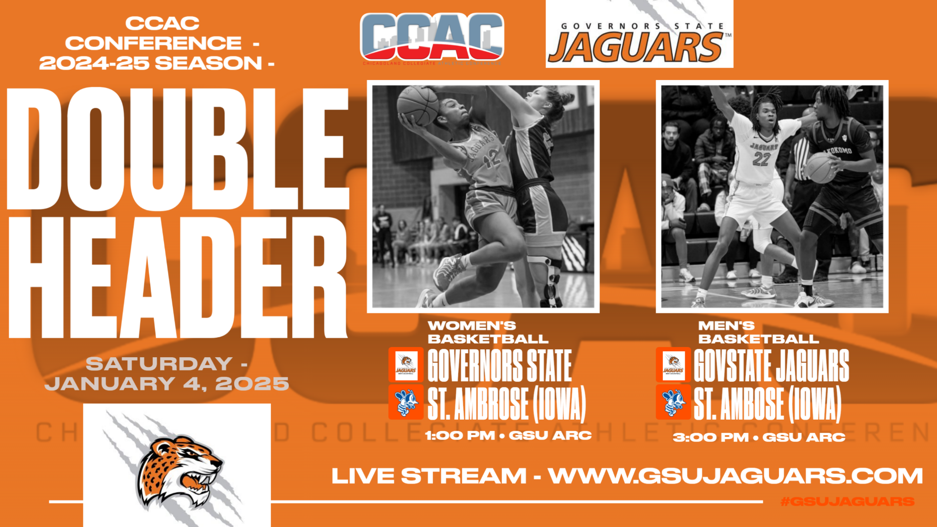 Women Win 68-34 -Remain in CCAC First Place (12-3, 6-1) - Jaguar Men Win 83-79, Now 7-7, 3-3 CCAC- Next Up - Conference Home Doubleheader Wednesday, January 8 - 5:30 - 7:30 Home Games -
