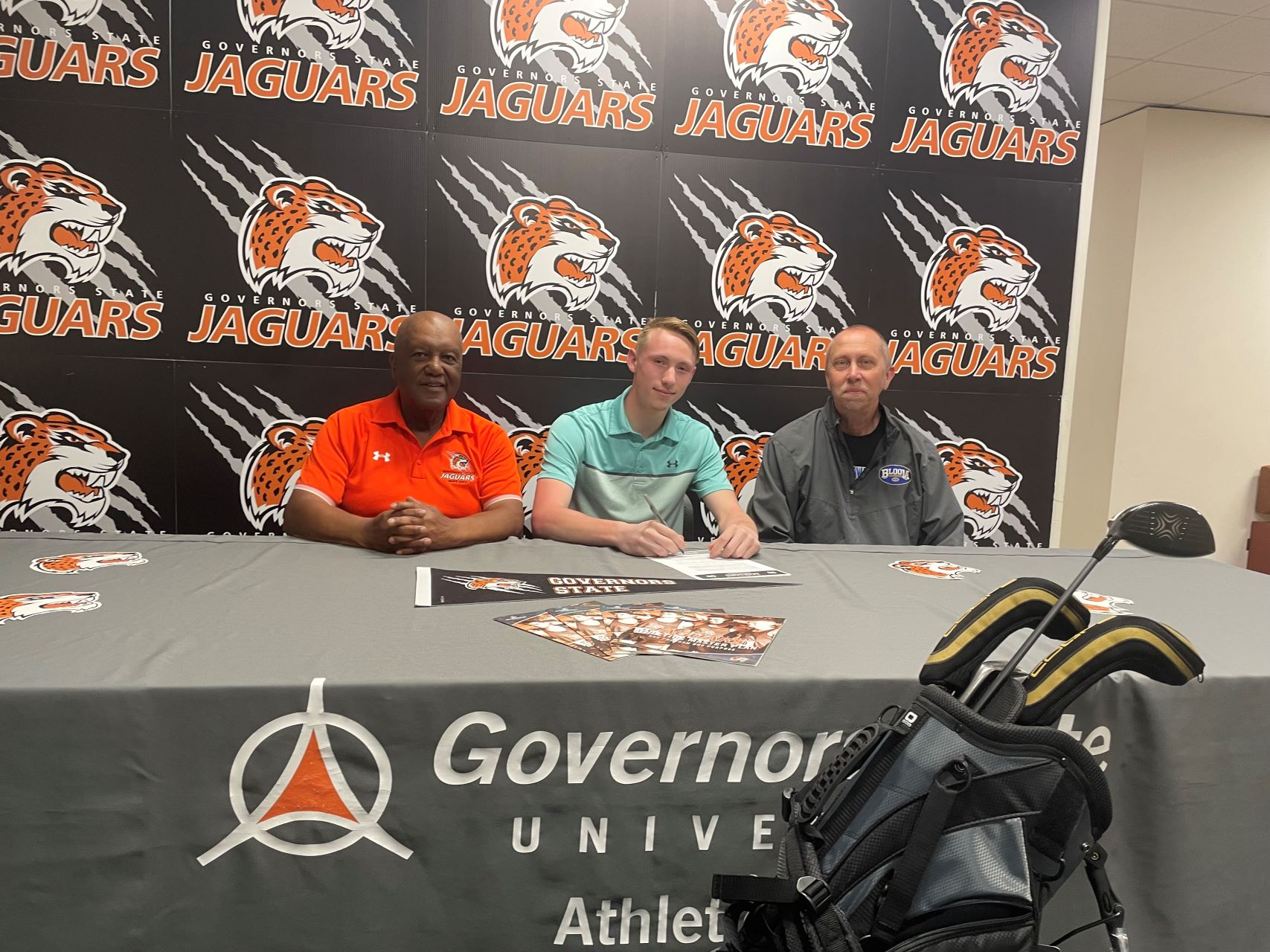 (L-R) GSU Men's Golf Coach Fred Hawkins, Jackson Reda and his Dad Joe Reda signing National Letter of Intent.