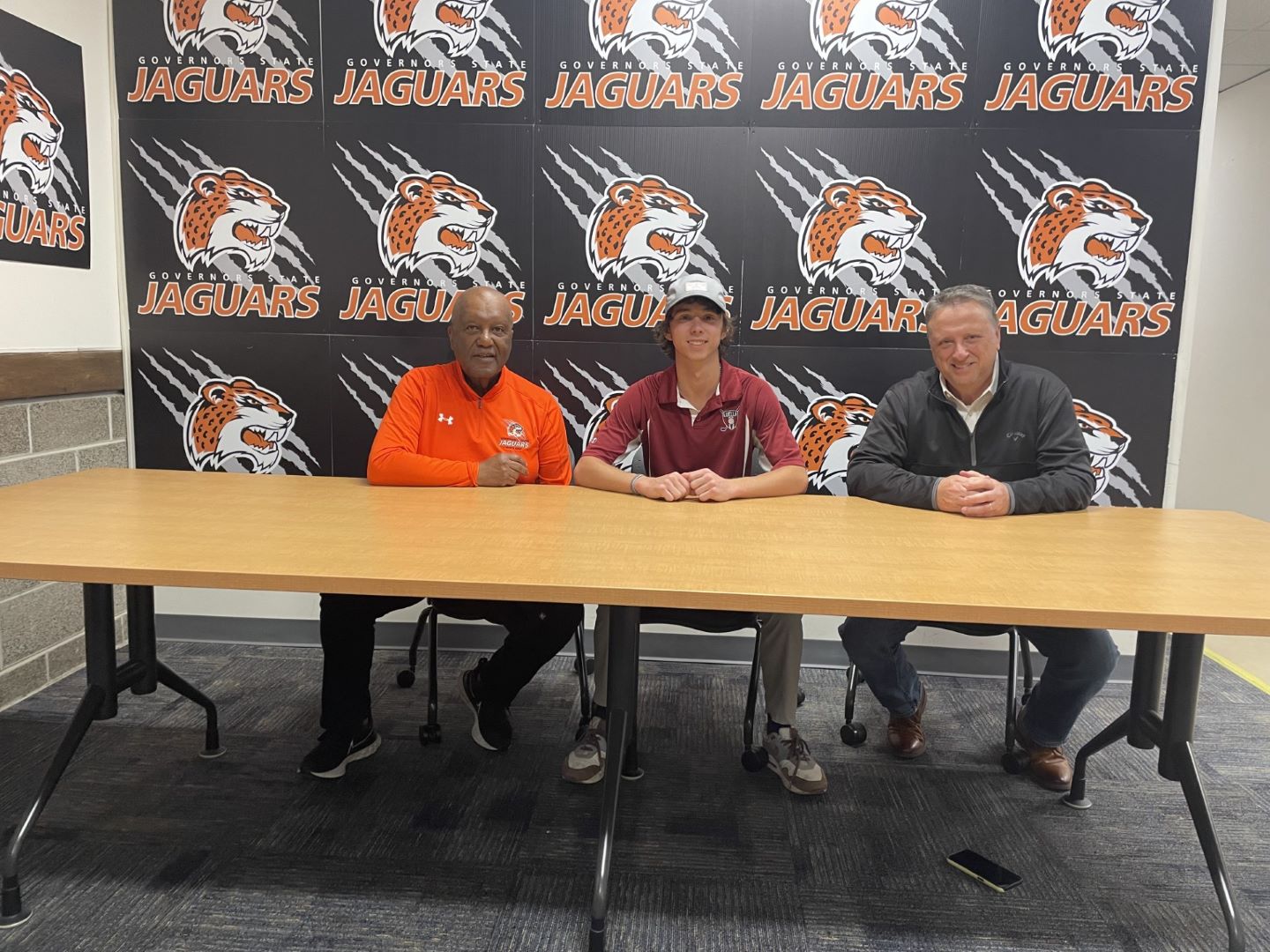 (L-R) GSU Men's Head Golf Coach Fred Hawkins with new Jaguar golf signee Louis Wappler and his Father Jim Wappler.