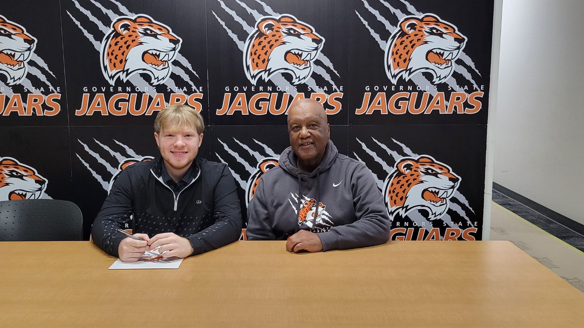 (L-R) New GSU men's golf signee for 2024-25 with Jaguars Head Men's Golf Coach Fred Hawkins.