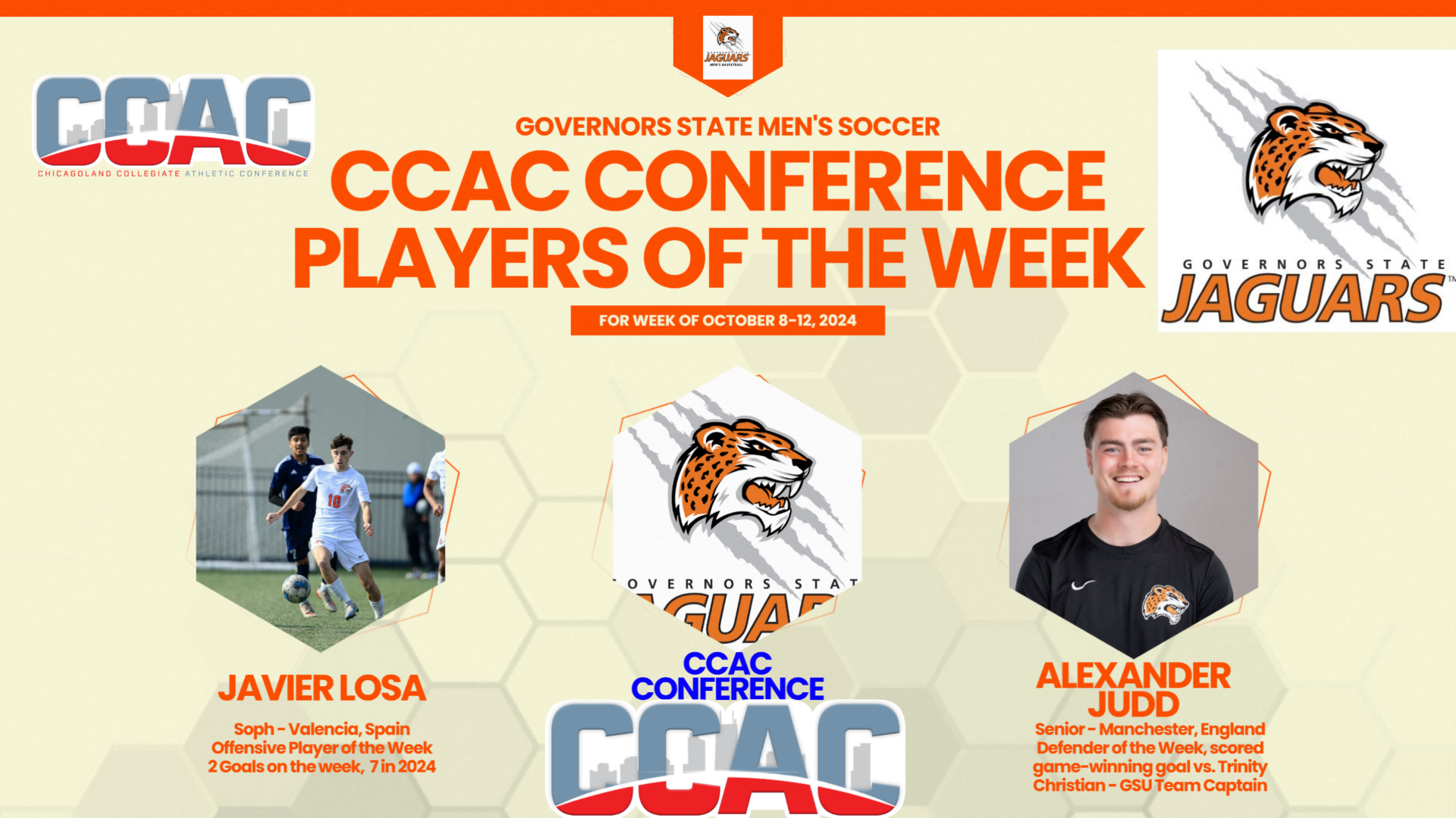 GSU JAGUARS - Javier Losa - Alexander Judd - Named CCAC Conference Players of the Week