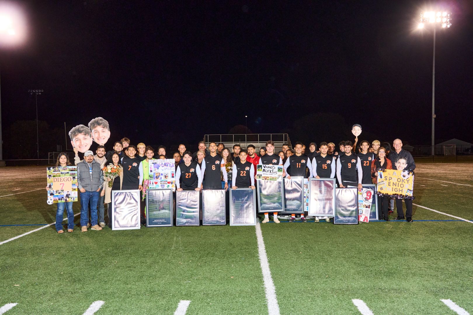 2024 GSU men's soccer Senior Night group photo honoring 11 Jaguar seniors with GovState in a 10-0 win, 9th straight in streak (7-0-2) vs. CCSJ at the Sportsplex in Crown Point, IN.
