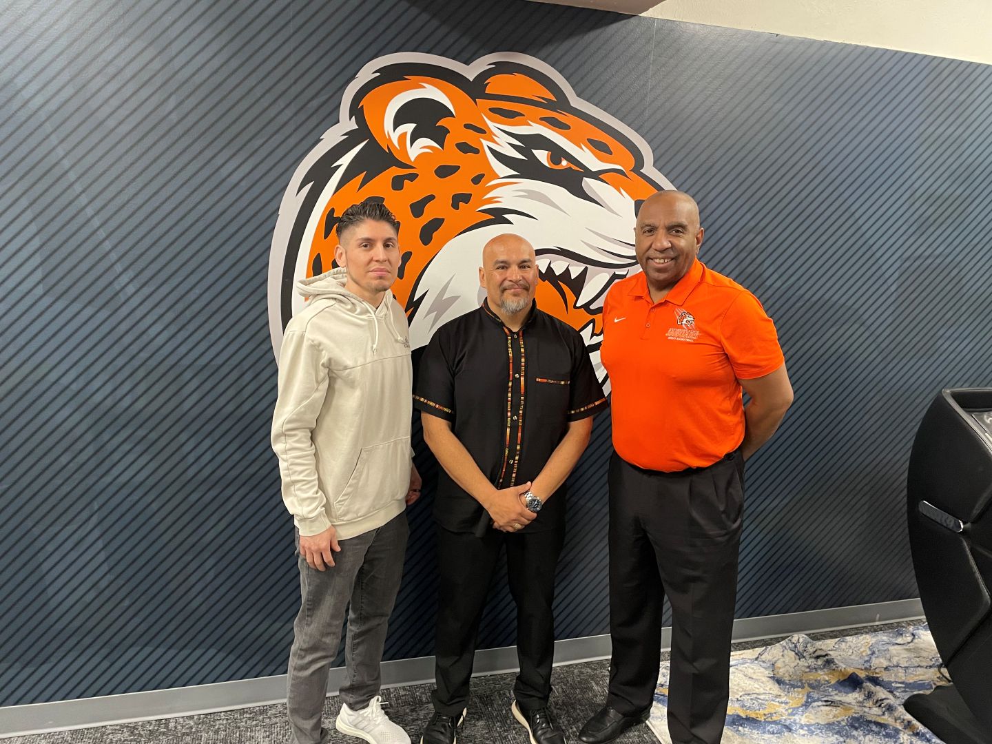 L-R - Assistant Coach Daniel Vieyra, Head Men's Soccer Coach Tony Gonzalez, GovState Athletic Director Tony Bates.