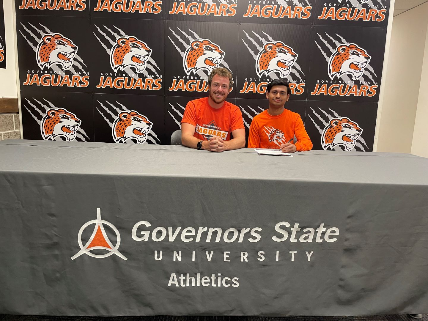 (L) GSU Men's Head Cross Country and Track Coach John Neindorf with Raj Chaudhari on signing day.