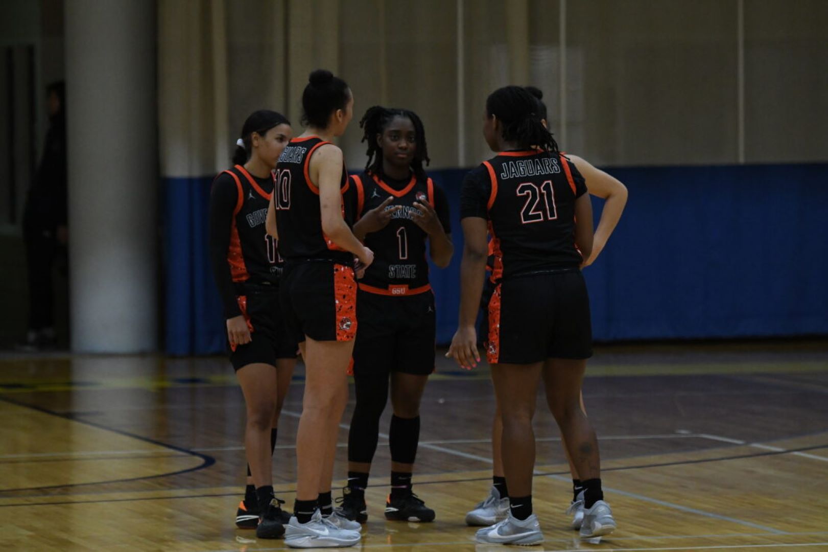 GSU Jaguars huddle together at #4 ranked Clarke University November 8.
