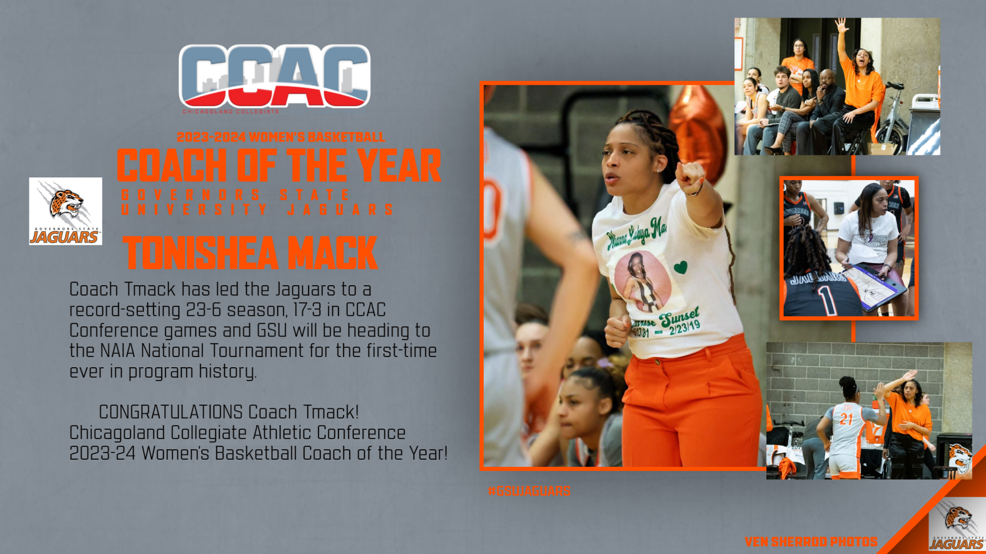 GSU's Head Women's Basketball Coach Tonishea Mack named CCAC 2023-2024 Coach of the Year.