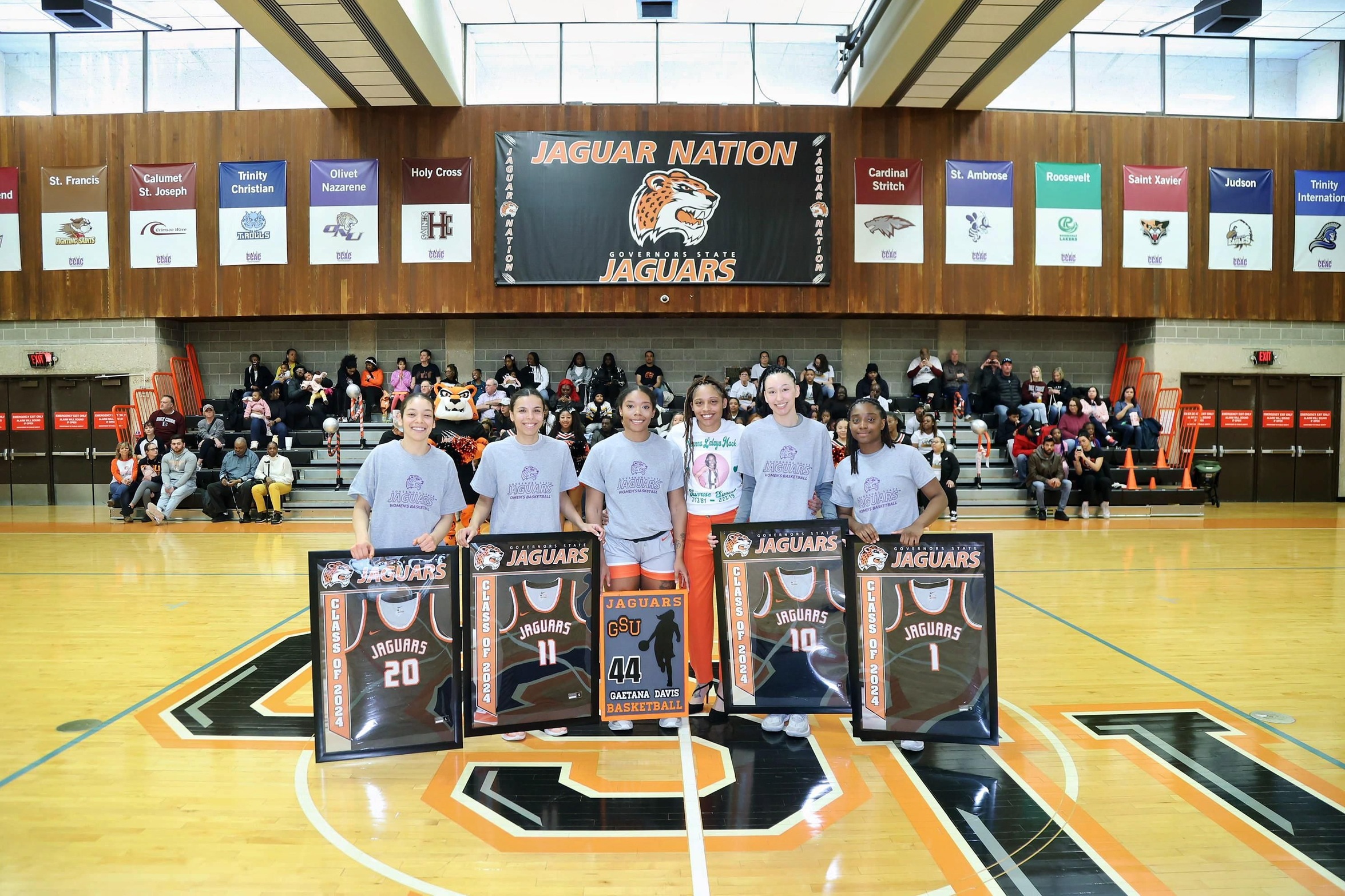 Coach Tmack with her GSU seniors on Senior Day 2024 - (20) Tabetha Jones, (11) Angelique Cowan, (44) Gaetana Davis, (10) Trinity Sims, (1) Ce'niyah Hampton -  Jaguar Photography by Ven Sherrod -