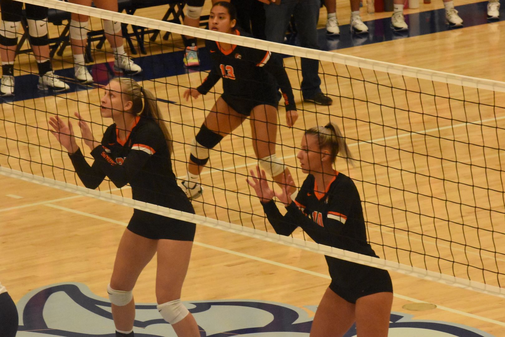 (27) Jennifer Barwicks, (13) Yareli Pacheco, (10) Aleksandra Barac, GSU Jaguar volleyball beat Olivet Nazarene University Tuesday night at the ARC in five sets.