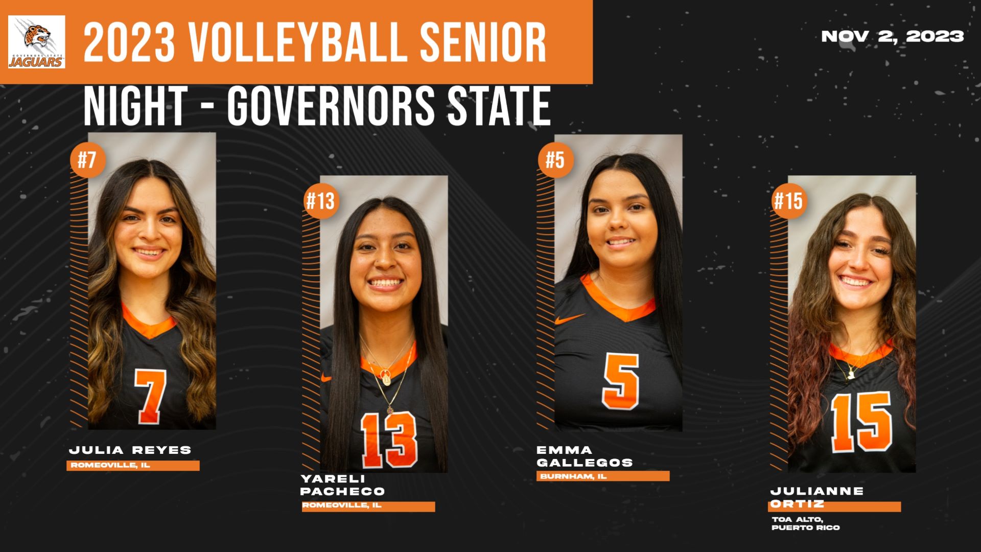 GSU Volleyball Honors Seniors Thursday Night (7) Julia Reyes, (13) Yareli Pacheco, (5) Emma Gallegos, (15) Julianne Ortiz.