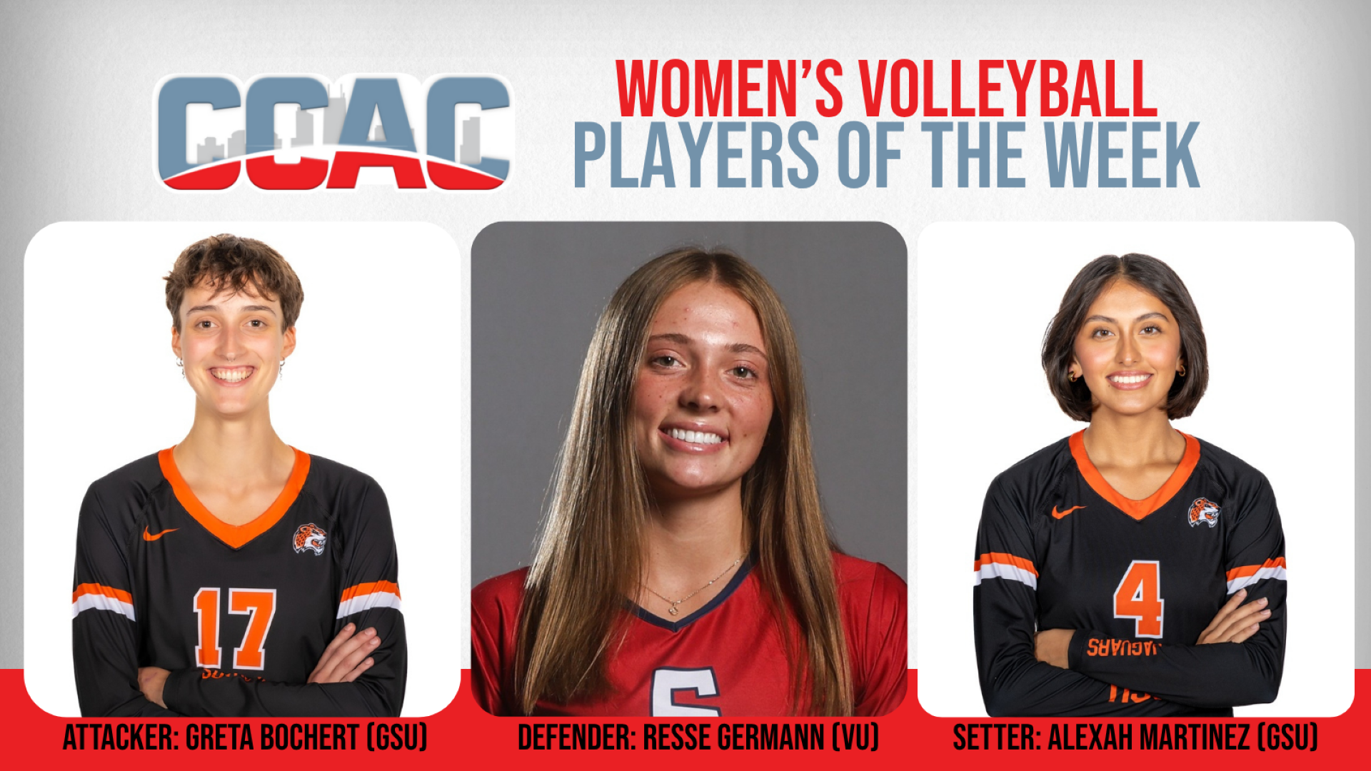 Greta Bochert (17) GovState volleyball - 2025 All-CCAC First team and Freshman of Year award winner! GSU's Alexah Martinez (4) and Trenyce Bonner earned second team All-CCAC honors.